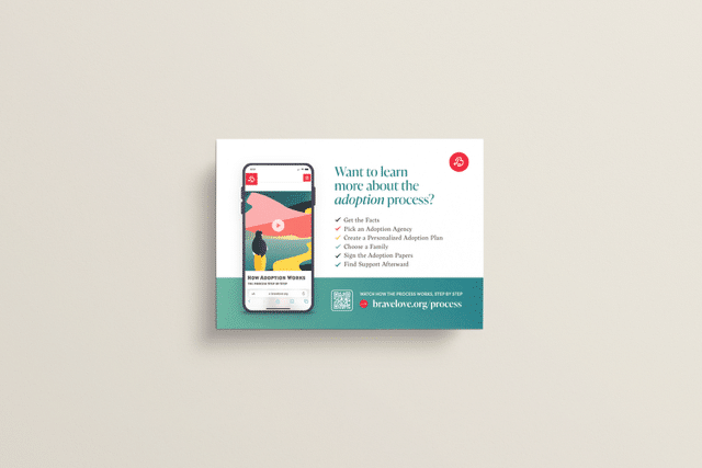 The Adoption Process Flyer displays a website on a phone and outlines adoption steps against a light background.