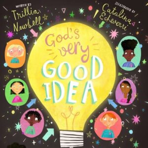 Children's book cover titled "God's Very Good Idea" with illustrations of diverse children around a glowing light bulb.