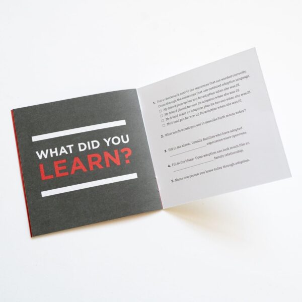 An open Myths Booklet with a black page on the left stating "WHAT DID YOU LEARN?" and a white page on the right featuring printed questions.