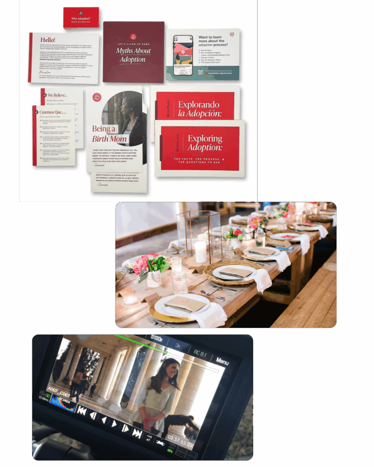 Grid of photos showing the three levels of monthly giving. The top photo is of an adoption packet, middle image is of a community dinner table, and bottom photo is a screenshot of a video screen featuring a birth mom's story.