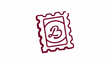 Burgundy illustration of a stamp with the BraveLove icon in the center.