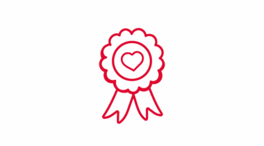 Red illustration of an award badge with a heart at the center.