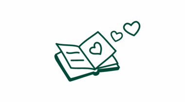 Green illustration of a notebook with little hearts floating off of the page.